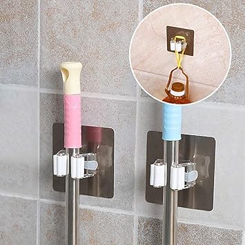 P YU Mop and Broom Gripper Holds Self Adhesive Reusable No Drilling Super Anti-Slip, Wall Mounted Storage Rack Storage & Organization for Your Home, Kitchen and Wardrode