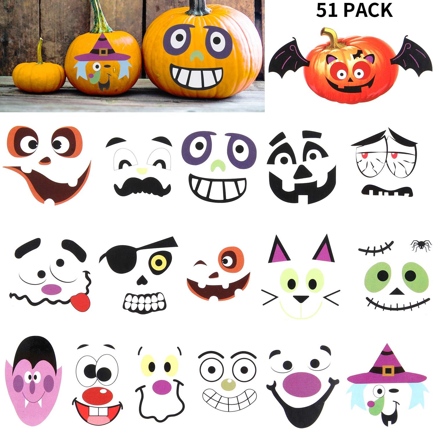 Outus 51 Pieces Halloween Pumpkin Stickers Pumpkin Face Stickers Funny