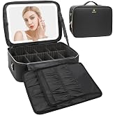 Relavel Makeup Case Large Makeup Bag with LED Mirror, Professional Train Case 16.2 inch, Travel Cosmetic Organizer Brush Holder Waterproof Makeup Artist Storage Box with Adjustable Strap