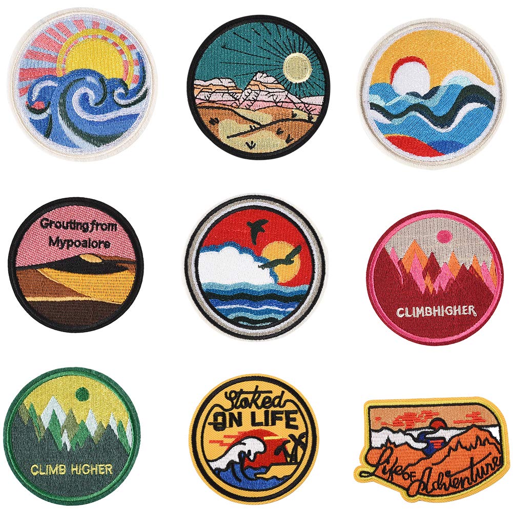 Iron on Patches for Kids and Adults, Irich 9 Piece Patch Sets, Sewn and Embroidered Fabric Patches for Jeans/Jackets/Shirts/Hats/Shoes/Backpacks and Other Garments