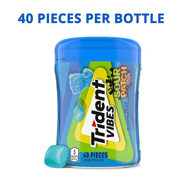 TRIDENT VIBES SOUR PATCH KIDS BLUE RASPBERRY SUGAR FREE GUM, 40 PIECE BOTTLE