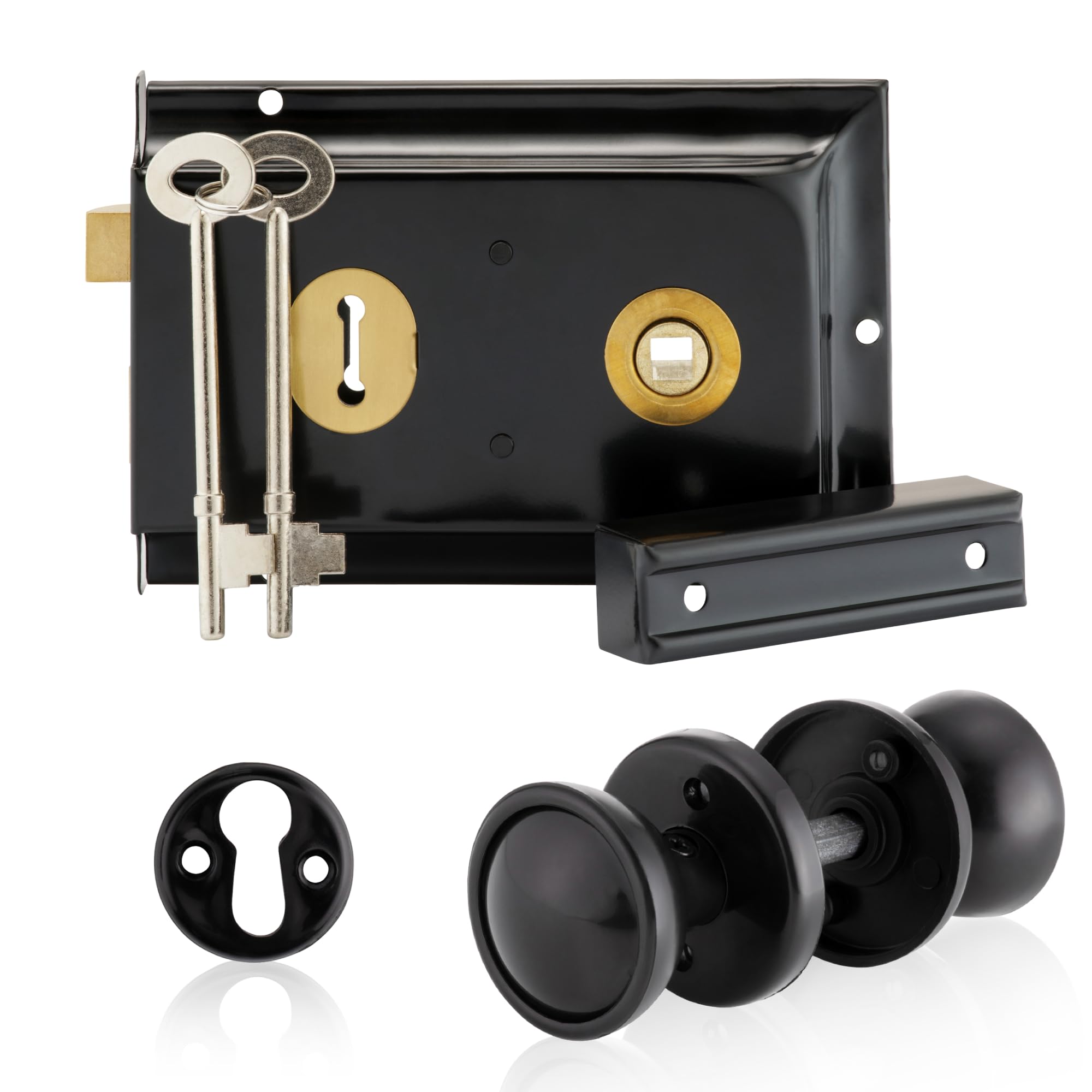 XFORT Rim Knob Set Black, Complete with A Rim Lock, Plastic Door Knob and Escutcheons, Designed for Wooden Barn, Gate and Shed Doors