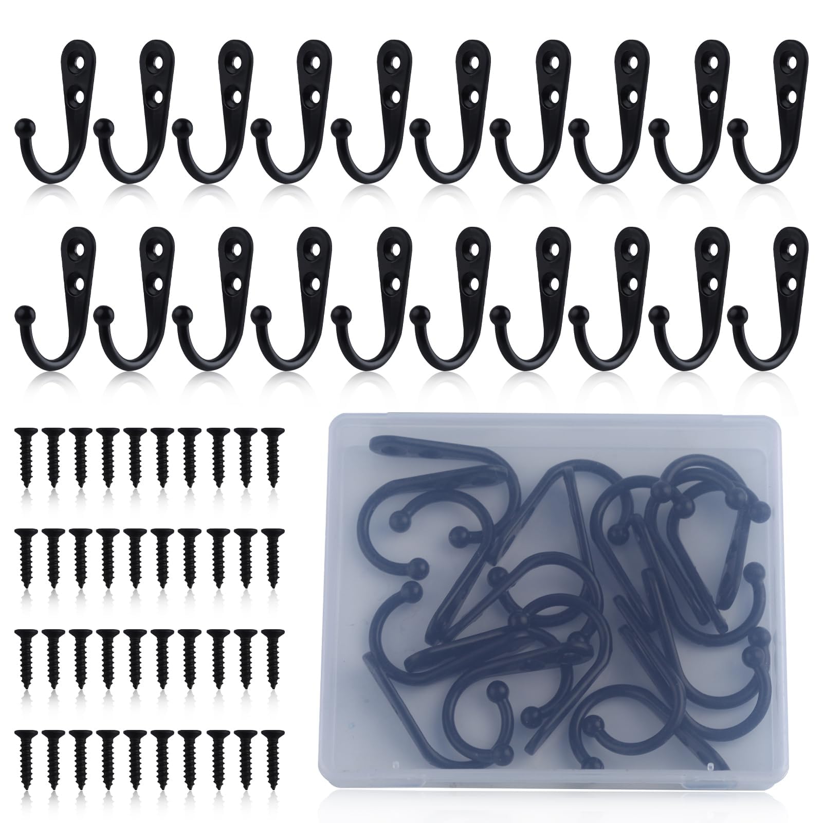 GOLD DEER 20 PCS Wall Mounted Coat Hooks with 40 Pieces Screws Black Wall Mounted Coat Hooks Hooks for Hanging Wall Hooks for Hanging Metal Hooks Coat Hooks Bag Hooks with Storage Box