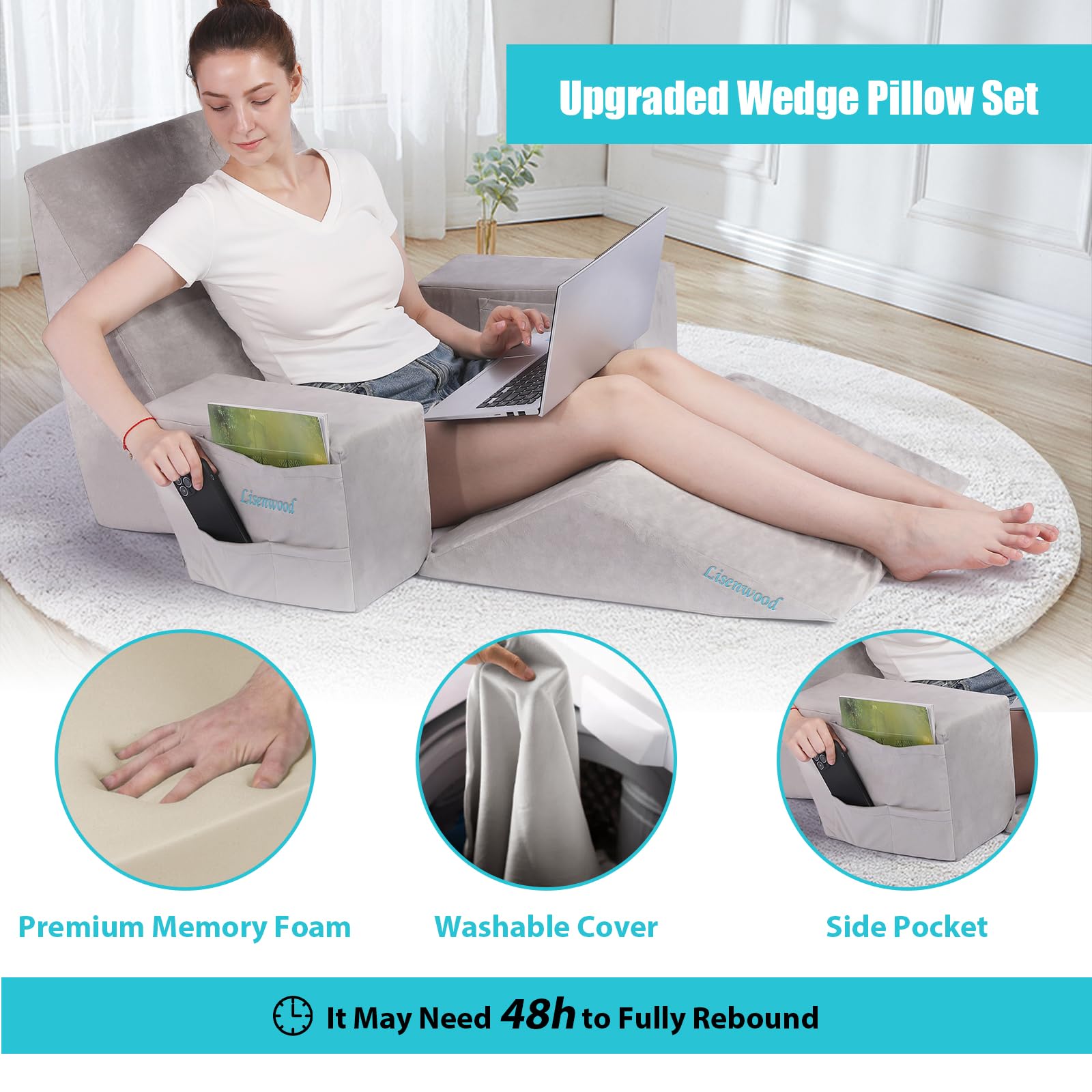 Foam Bed Wedge Pillow Set - Reading Pillow & Back Support Wedge Pillow for Sleeping - 4 Separated Sit Up Pillows for Bed - Angled Bed Pillow, Triangle Pillow for Back and Legs Support Gray