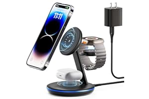 PEXXUS 3 in 1 Charging Station for Apple Devices, Mag - Safe Charger Stand,15 W Fast Magnetic Charger Wireless Compatible for iPhone 16 15 14 13 12 Pro/Max/Plus/Mini, AirPods Pro/3/2, iWatch 9/8/7/6/SE/5/4