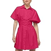 Dsewpaur Women Button Front Pleated Shirt Dress Summer Casual Short Sleeve Pleated Blouse Mini Dress