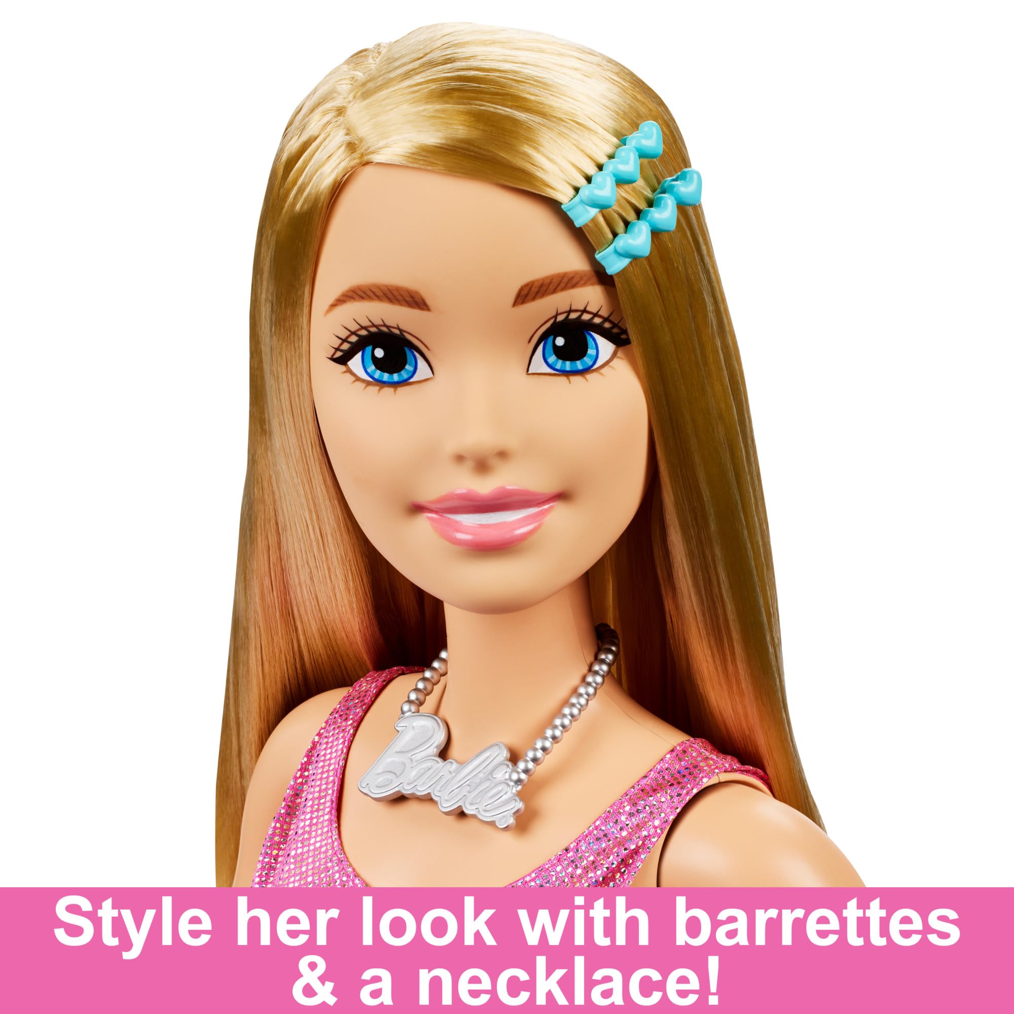 Large Barbie Doll with Blond Hair, 28 Inches Tall, Shimmery Pink Dress with Necklace and Hair Clip Accessories, HJY02