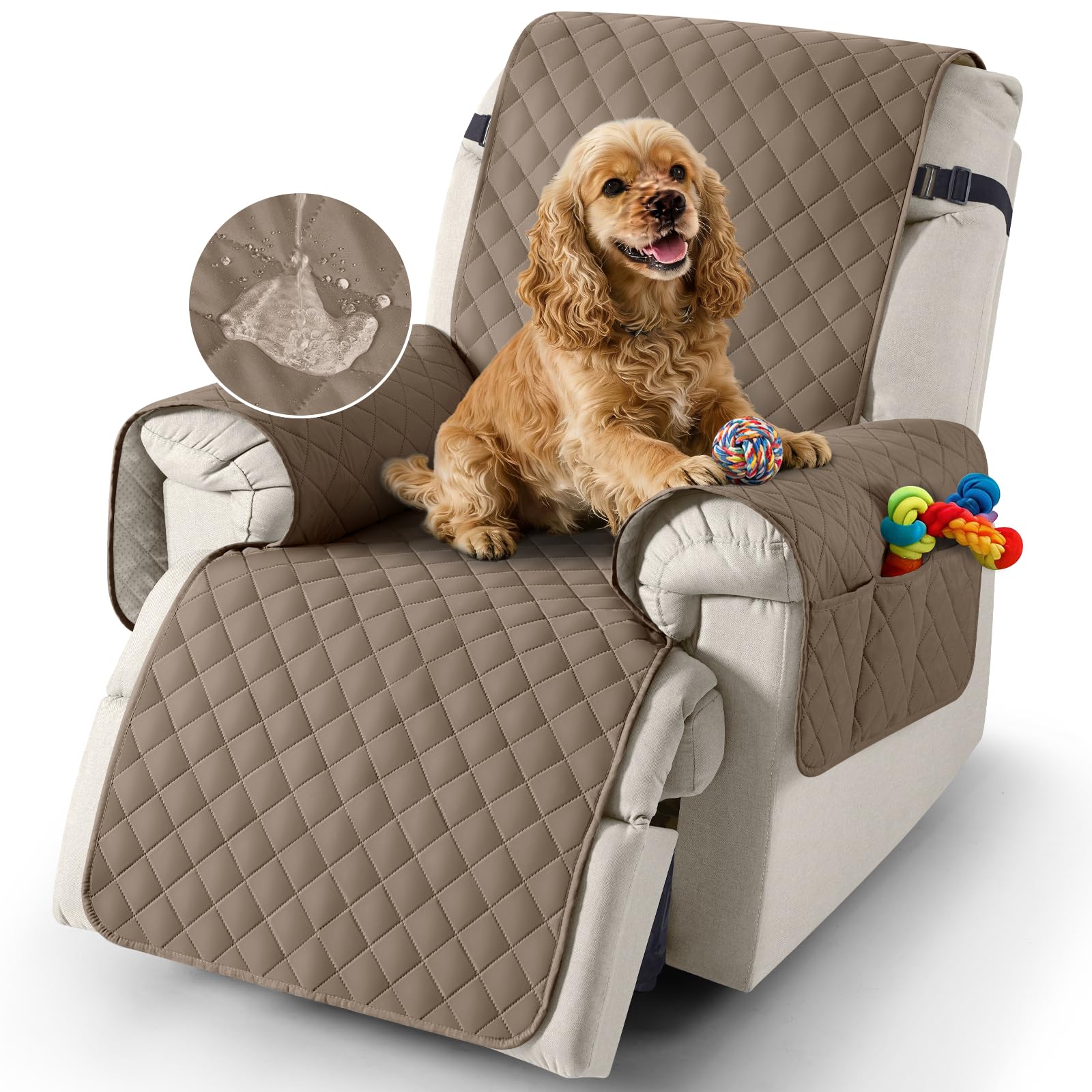 TAOCOCO Recliner Slipcovers,100% Waterproof Recliner Covers,Armchair Covers with Pockets,1 Seater Armchair Slipcovers,Non Slip Reclining Sofa Covers Arm Chair Covers for Pets(Brown)