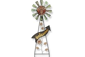 TERESA'S COLLECTIONS Garden Decor with Solar Outdoor Lights, Wind Spinner Yard Art Sign for Outside, 26'' Bronze Metal Sun Face Windmill Decorative Garden Stake for Lawn Ornaments, Gifts for Mom