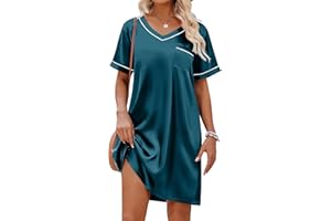 Ekouaer Satin Silk Nightgown for Women Silky Loose Sleepwear V Neck Nightshirt Short Sleeve Sleep Dress