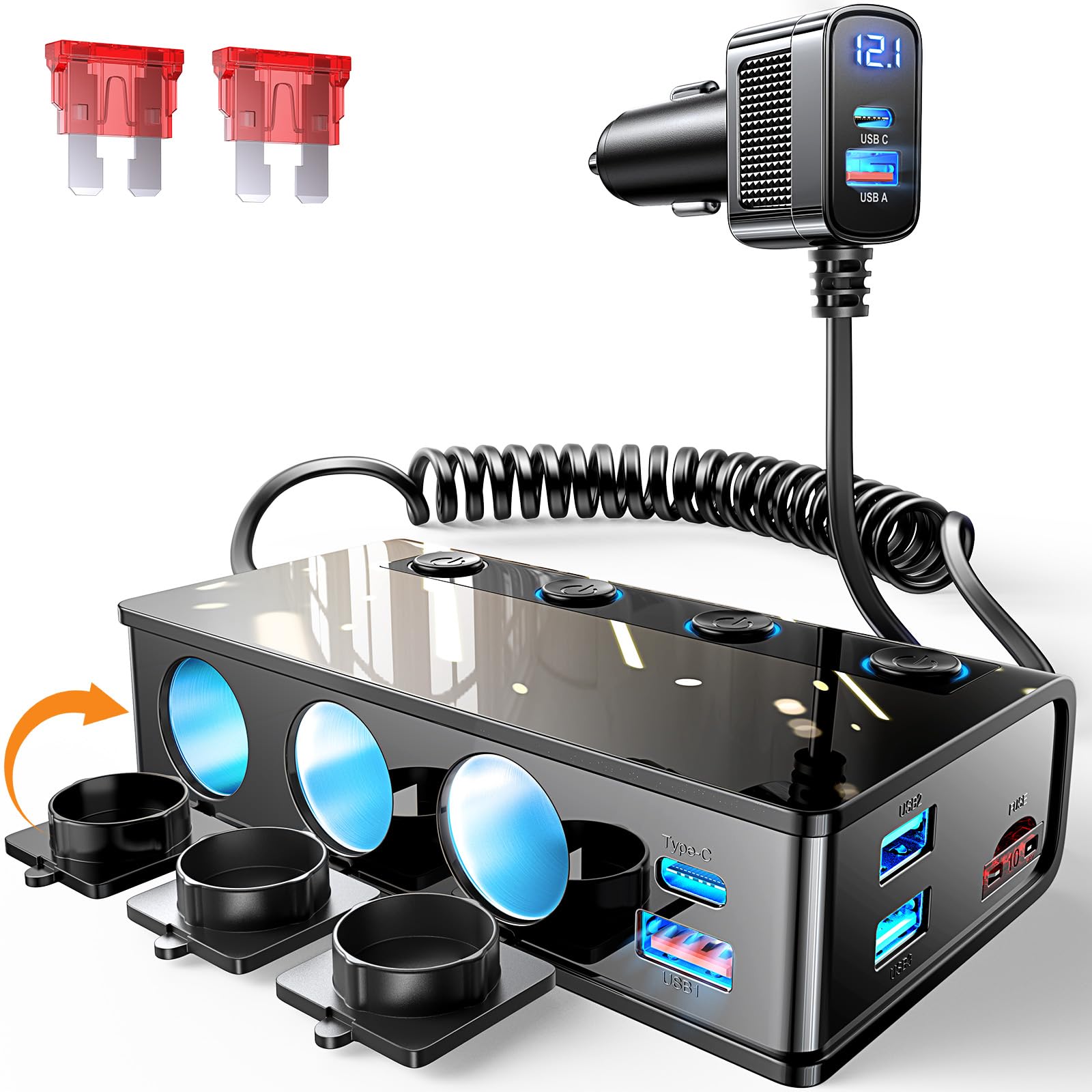 Photo 1 of 9 in 1 Cigarette Lighter Splitter, 191W Cigarette Lighter Adapter with 2 PD/QC3.0, 24V 12V Independent Switches DC Cigarette Outlet Car Charger for iPhone 17 16 15 14 13 12 and All Road Trip Devices