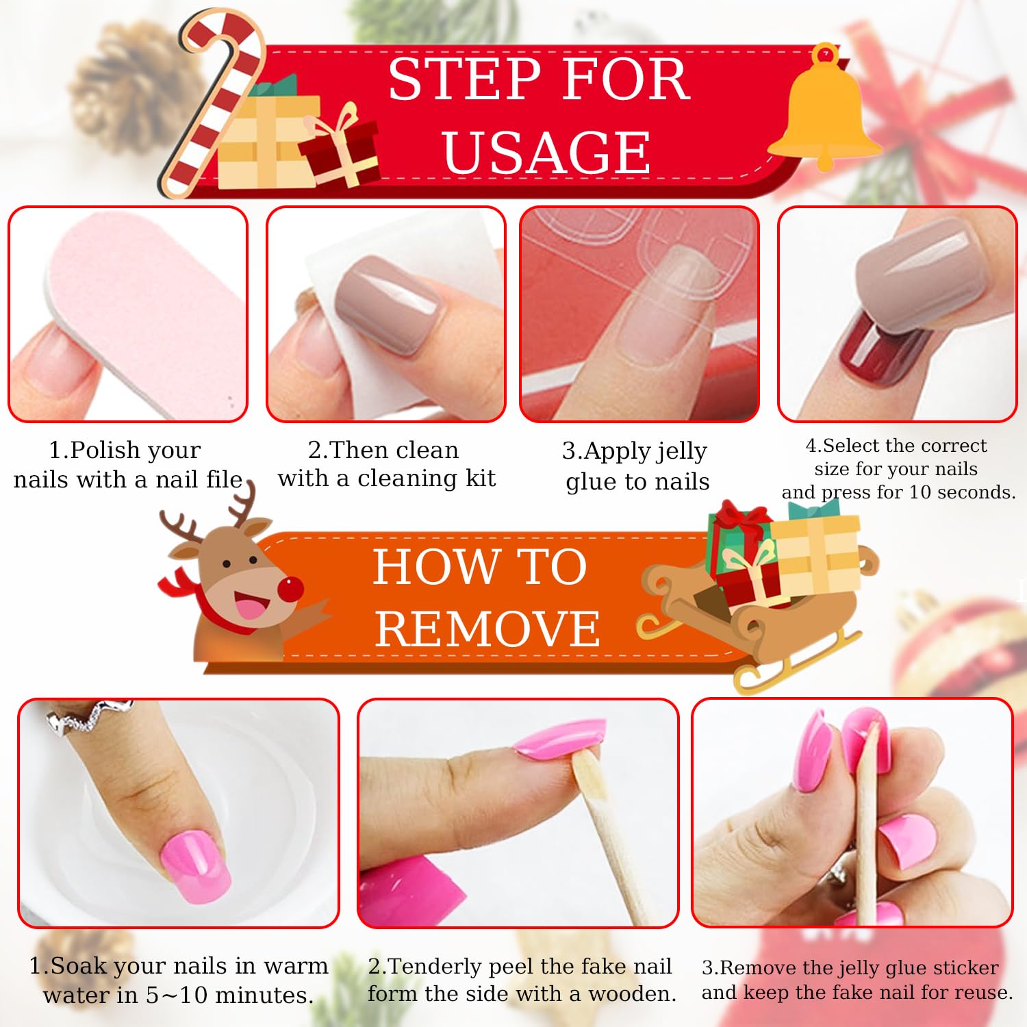 TULOBI Christmas Press on Nails Medium Coffin Fake Nails with Christmas Tree Designs Glitter Glue on Nails Xmas Design Green and Red Stripes Full Cover False Nails Artificial Acrylic Nails 24pcs - Image 7