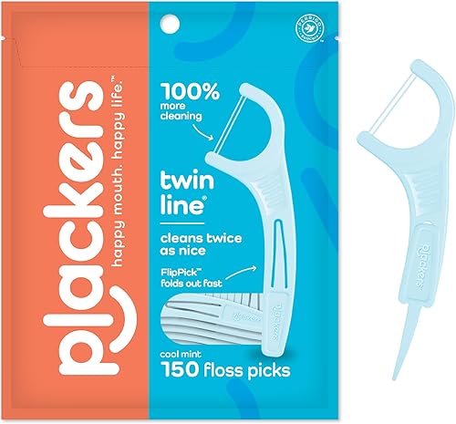 Plackers Twin-Line Dental Flossers, Cool Mint Flavor, Dual Action Flossing System, Easy Storage, Super Tuffloss, 2X The Clean, 150 Count (Pack of 1)