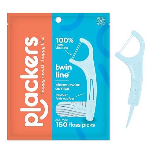 Plackers Twin-Line Dental Flossers, Cool Mint Flavor, Dual Action Flossing System, Easy Storage, Super Tuffloss, 2X The Clean, 150 Count (Pack of 1)