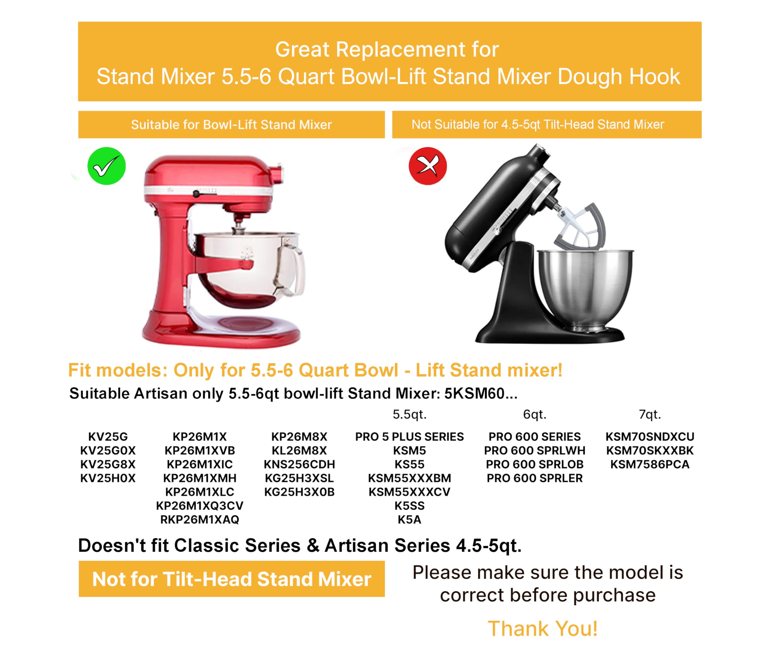 KitchenAid Spiral Dough Hook – Kitchen Aid dough hook attachment for Stand Mixer, Fits 5.5-6 Quart Bowl-Lift Stand Mixers Compatible with Models KV25H0X, KV25G8X, KP26M1X and more.