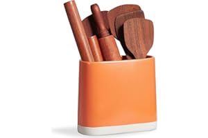 ONEMORE Ceramic Utensil Crock, Large Kitchen Utensil Holder for Countertop, Farmhouse Cooking Utensil Organizer with Cork Mat for Kitchen Counter, Oval Utensil Storage Caddy for Spatula, Orange
