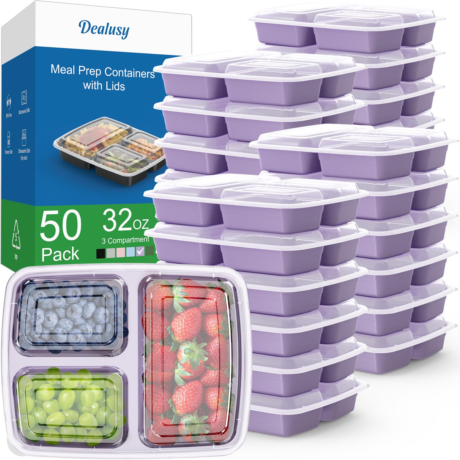 50 Pack (100-Piece) 32 oz Meal Prep Containers Reusable with Lids 3 ...
