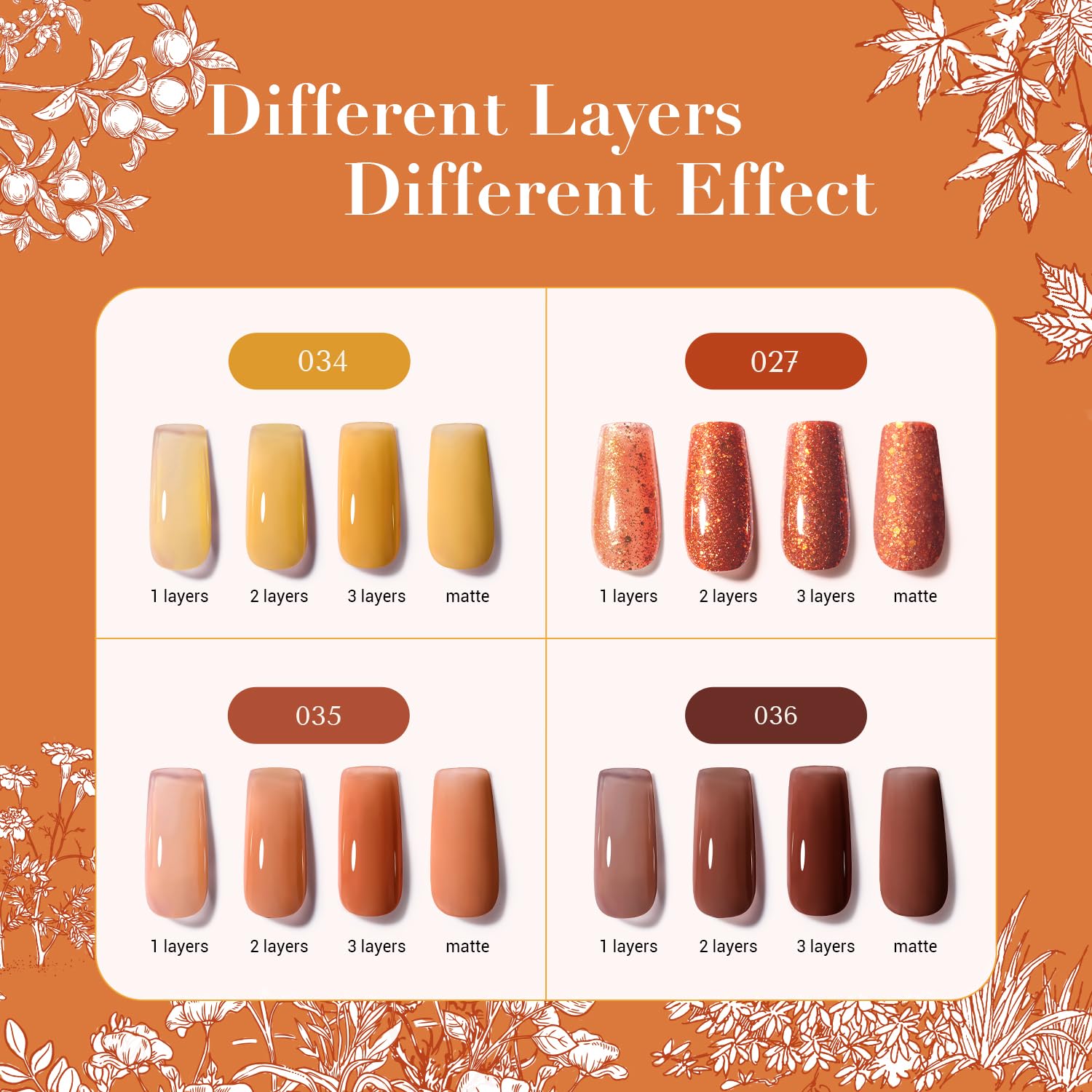 AZUREBEAUTY Fall Nail Polish Set, 4 Colors Yellow Orange Brown Glitter Vegan Quick Dry Natural Nail Lacquer Strengthening Treatment Kit with Top Coat DIY Salon at Home - Image 4