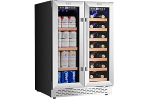 COLOZO Wine Cooler Beverage Refrigerator 24 inch 20 Bottles & 88 Cans Beverage Fridge Dual Zone Wine Cooler Under Counter Lockable Freestanding with Glass Door for Drink Bar Kitchen Cabinet Commercial