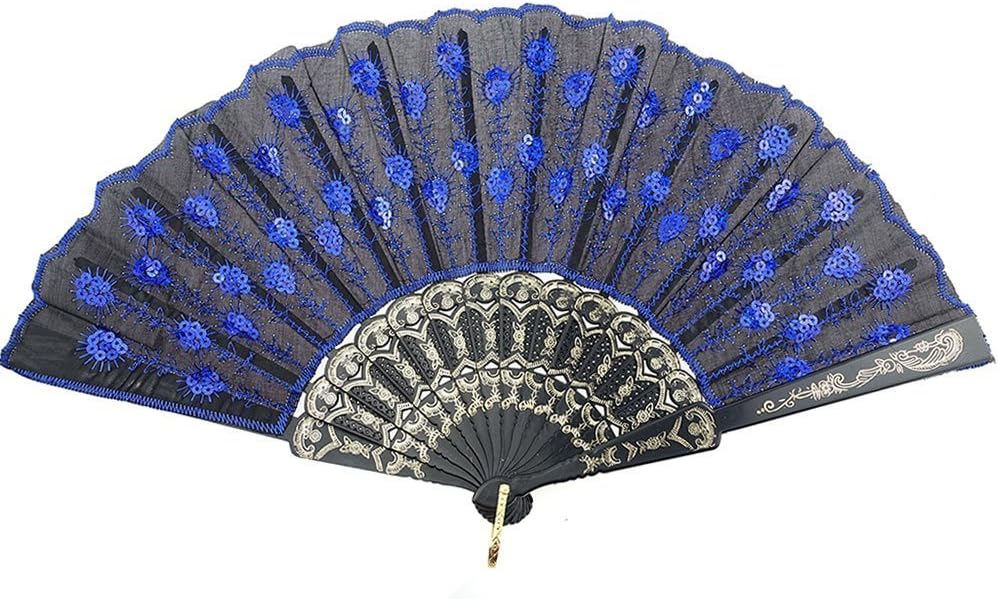 Beautiful Lady's Silk Hand Fan with Sapphire Blue Sequins -1 Pcs
