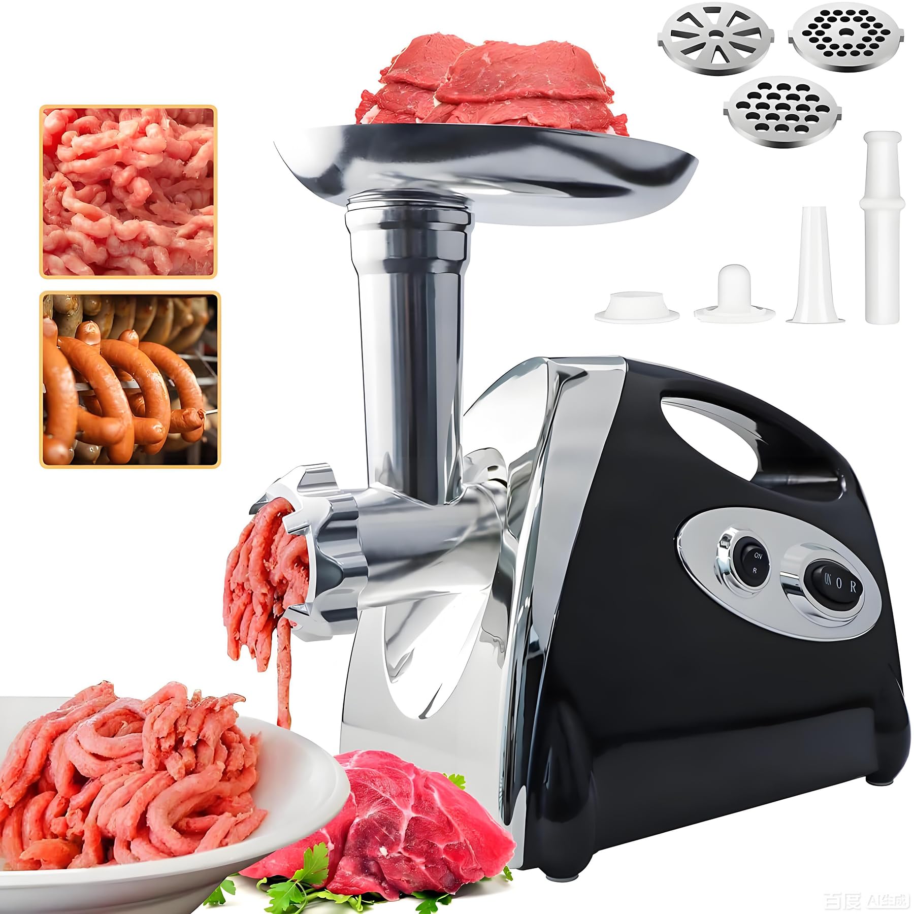 BenRich Electric Meat Grinder Mincer Max 2800W Copper Motor - 3 Grinding Plates & Kibbe Attachment for Sausage Making, Meat Mincing, Food Processing (Black)