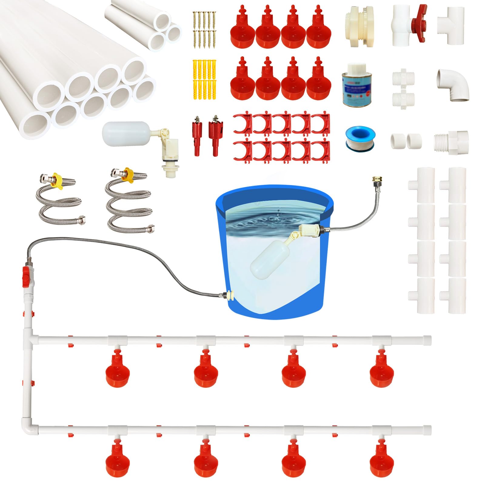Photo 1 of Complete Set Pipeline Automatic Chicken Waterer System with PVC Pipeline and 304 Stainless Steel Hose, Chicken Water Cups, Chicken Watering System. (No Bucket Included)