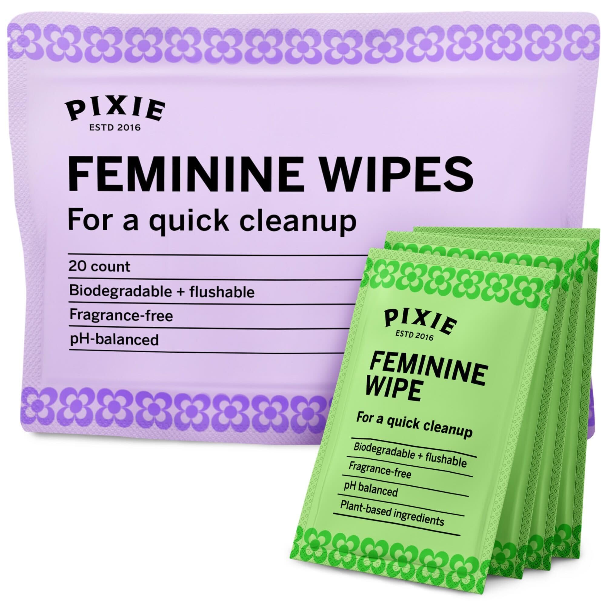 Pixie Feminine Wipes - Flushable, Biodegradable, & Ph Balanced - Individually Wrapped Packet Wipes for On The Go & Public Bathrooms - Wash & Cleaner For Your Menstrual Cups & Discs (1 Pack of 20)
