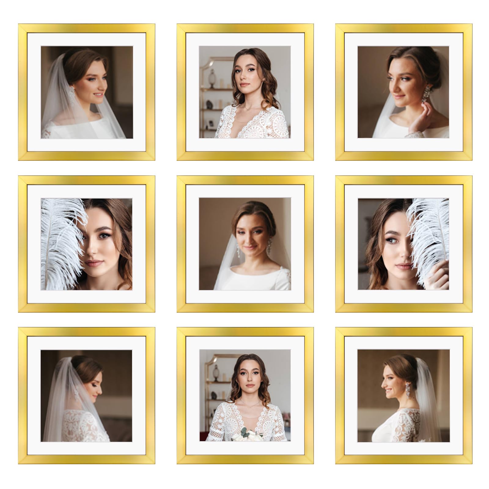 Photo 1 of (ONLY 6 FRAMES) BSRHOME 10x10 Picture Frame Set of 9, Display Pictures 8x8 with Mat or 10x10 without Mat, Multi Collage Gallery Square Photo Frames for Wall or Tabletop, Gold
