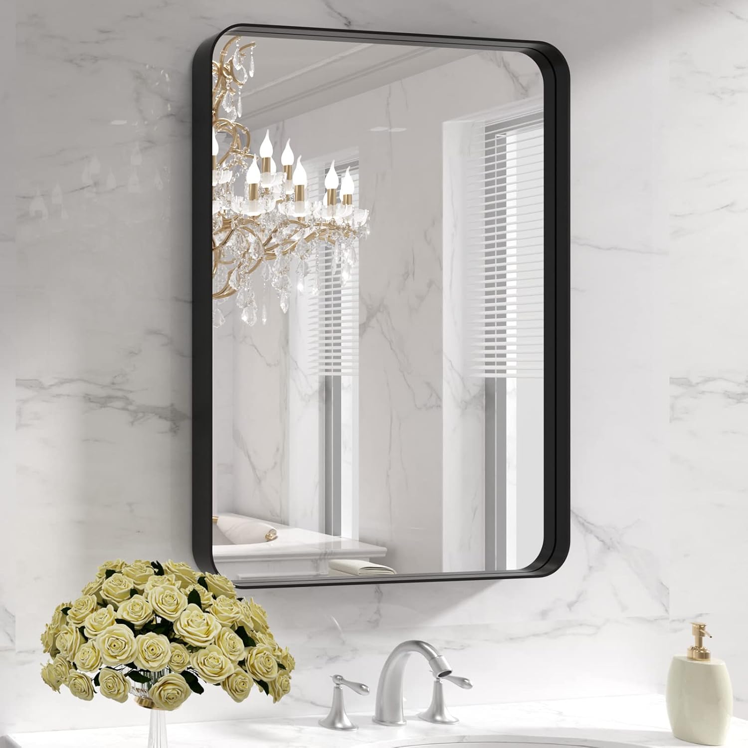 LOAAO Black Metal Framed Bathroom Mirror for Wall, 22X30 Inch Rounded Rectangle Mirror, Matte Black Bathroom Vanity Mirror Farmhouse, Anti-Rust, Hangs Horizontally or Vertically