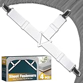 WHISPERING WONDER 4 Pack Adjustable Elastic Straps with Metal Clips, Bed Sheet Fasteners, Bedding Suspenders for Mattress Covers, Bed Corner Holders and Keepers (White)