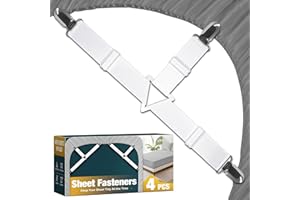 WHISPERING WONDER 4 Packs Bed Sheet Fasteners, Adjustable Mattress Cover Straps with Metal Clips, Elastic Bed Corner Holders, Non Slip Sheet Clips White