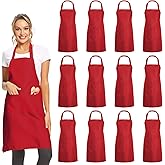 DUSKCOVE 12 Pack Plain Bib Aprons with 2 Pockets - Red Unisex Commercial Apron Bulk for Kitchen Cooking Restaurant BBQ Painting Crafting