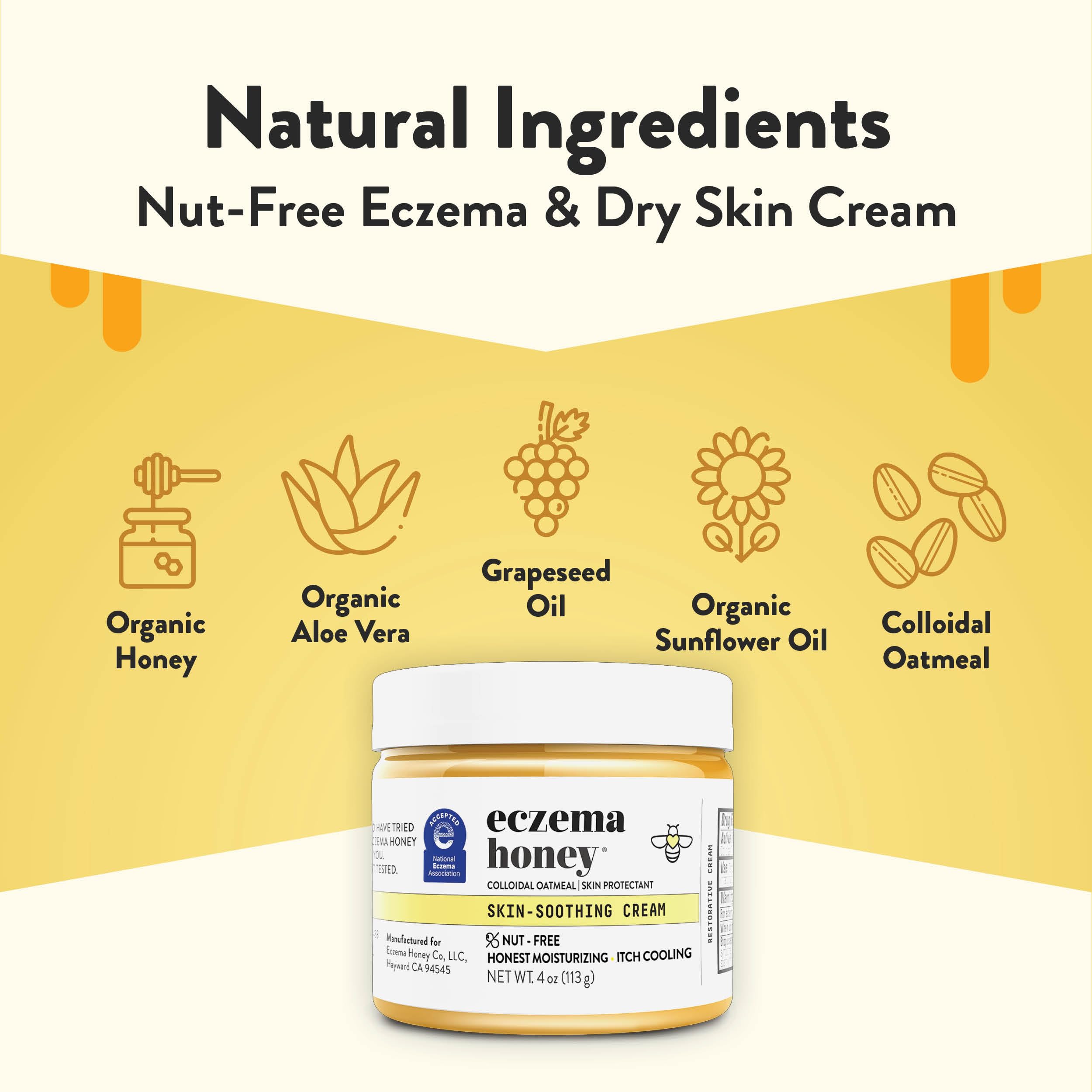 ECZEMA HONEY Nut-Free Original Skin-Soothing Cream - Honey Lotion For Dry & Sensitive Skin - Natural Eczema Cream for Adults & Kids - Itchy Relief Cream for Eczema, Psoriasis, Dermatitis & More (4 Oz)