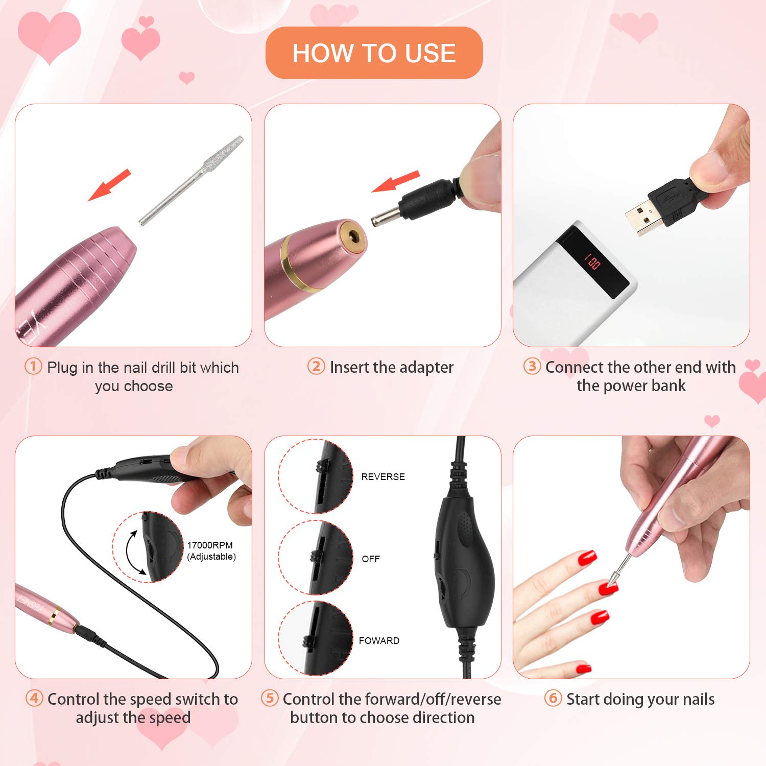 Portable Electric Nail Drill,YESMET Professional 17000RPM USB Nail Tools Set For Gel Nails,Acrylic Nail,Manicure Pedicure Tools With 11 Nail Drill Bits,Sanding Bands,Nail Brush,Home Salon Use,Gold: Beauty