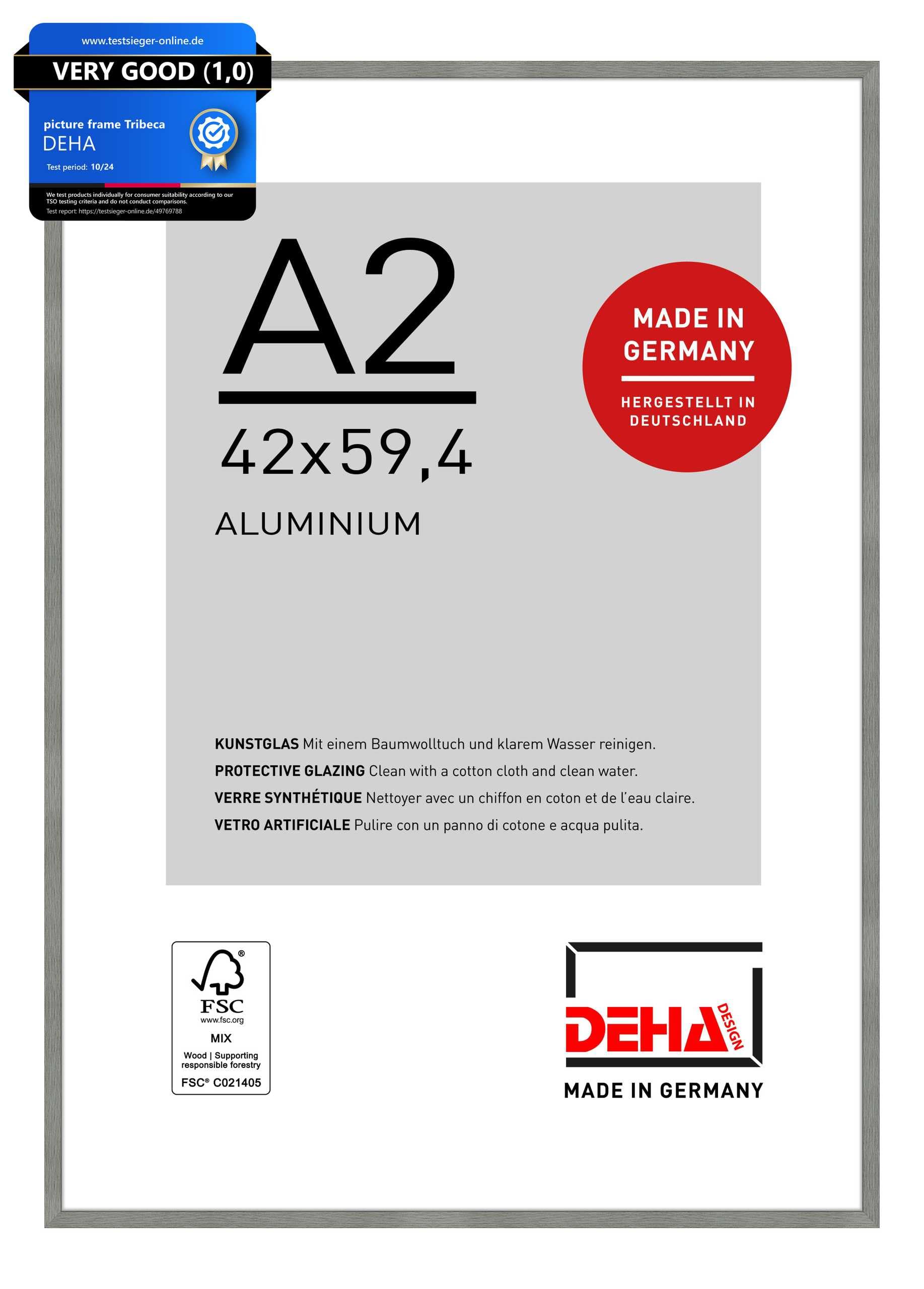 DEHA Design Tribeca Aluminium Picture Frame - A2 (42x59.4 cm) – Brushed Grey - with Synthetic Glass and Push/Turn Clips — image 1