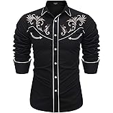 COOFANDY Men's Western Cowboy Shirt Long Sleeve Embroidered Shirt Slim Fit Cotton Casual Button Down Shirt