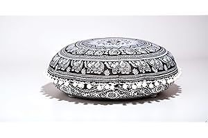 CRAFT KALA 32" Large Round Bohemian Floor Pillow Cover Boho Pouf Cover Mandala Meditation Room Pillows Cover Adults Seating Poufs Cushion Cover for Kids Reading Playroom Black Elephant Flower