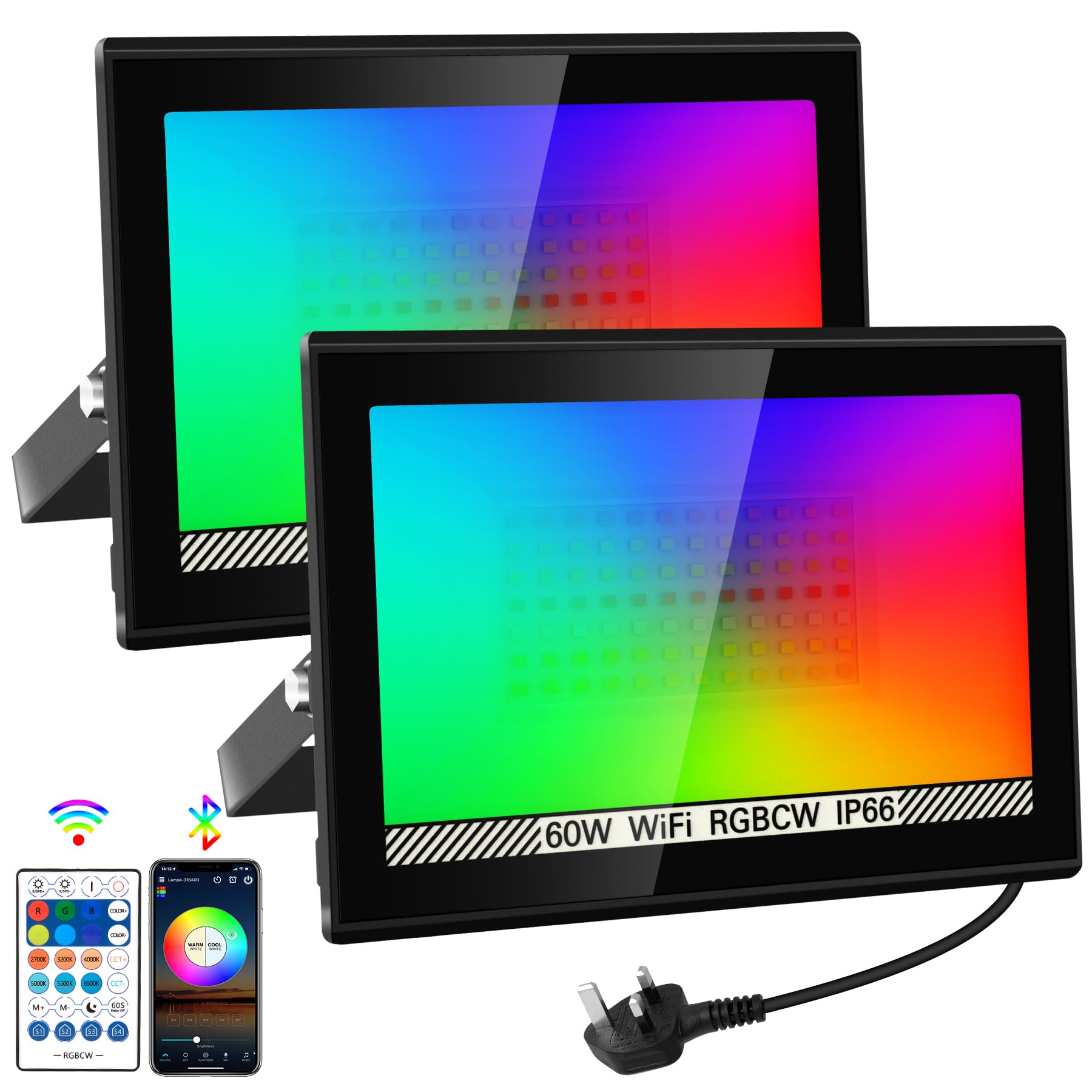 NATPOW RGB Flood Lights, 60W Disco Lights Smart Colour Changing, LED Garden Security Lights with Remote&APP Control IP66 Stage Lights for Christmas, Halloween, Garden Party (2Packs)