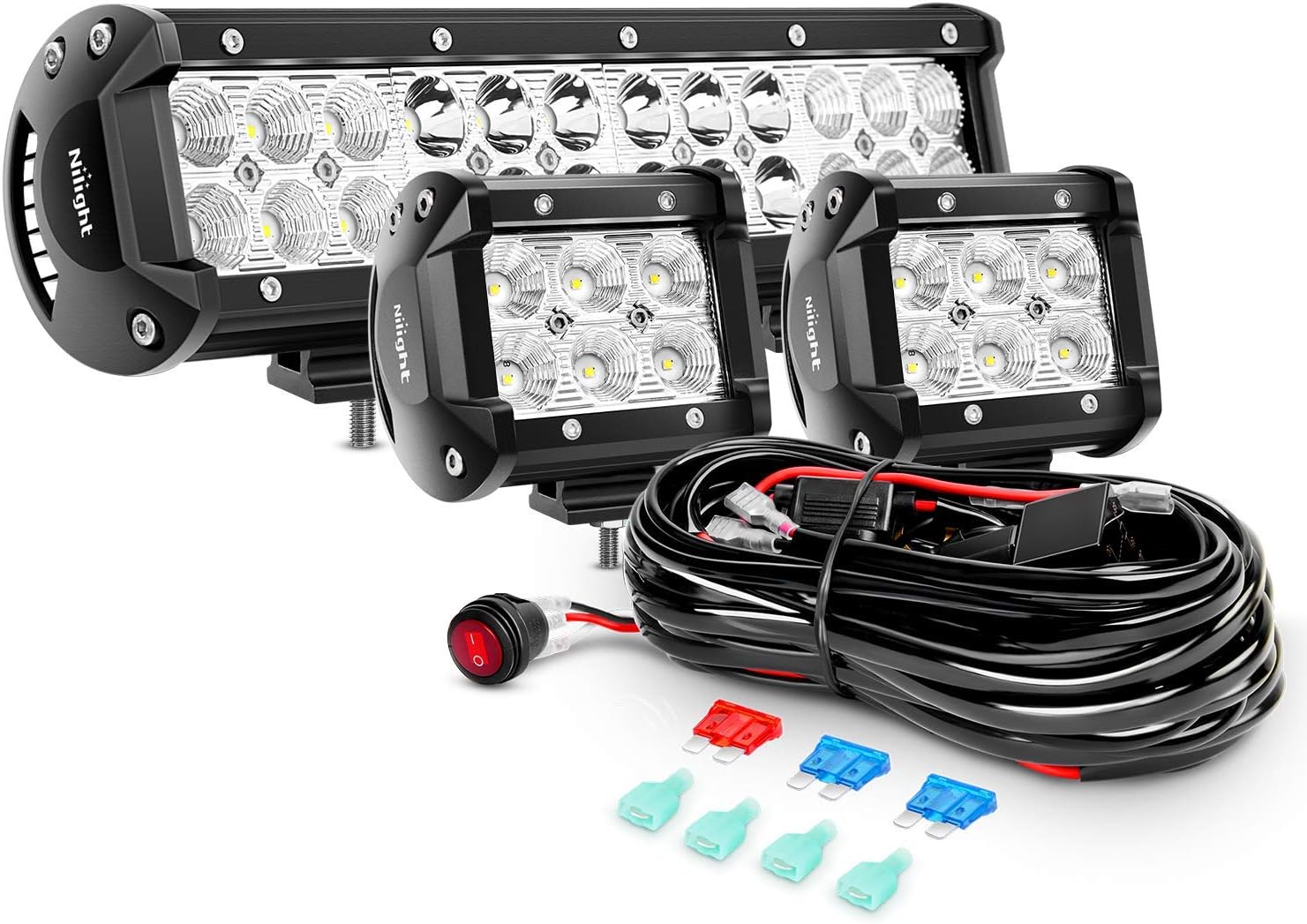 Nilight ZH016 12 Inch 72W Spot Combo Bar 2PCS 4 Inch 18W Flood LED Fog Lights with Off Road Wiring Harness- 2 Leads, 2 Years Warranty: Automotive