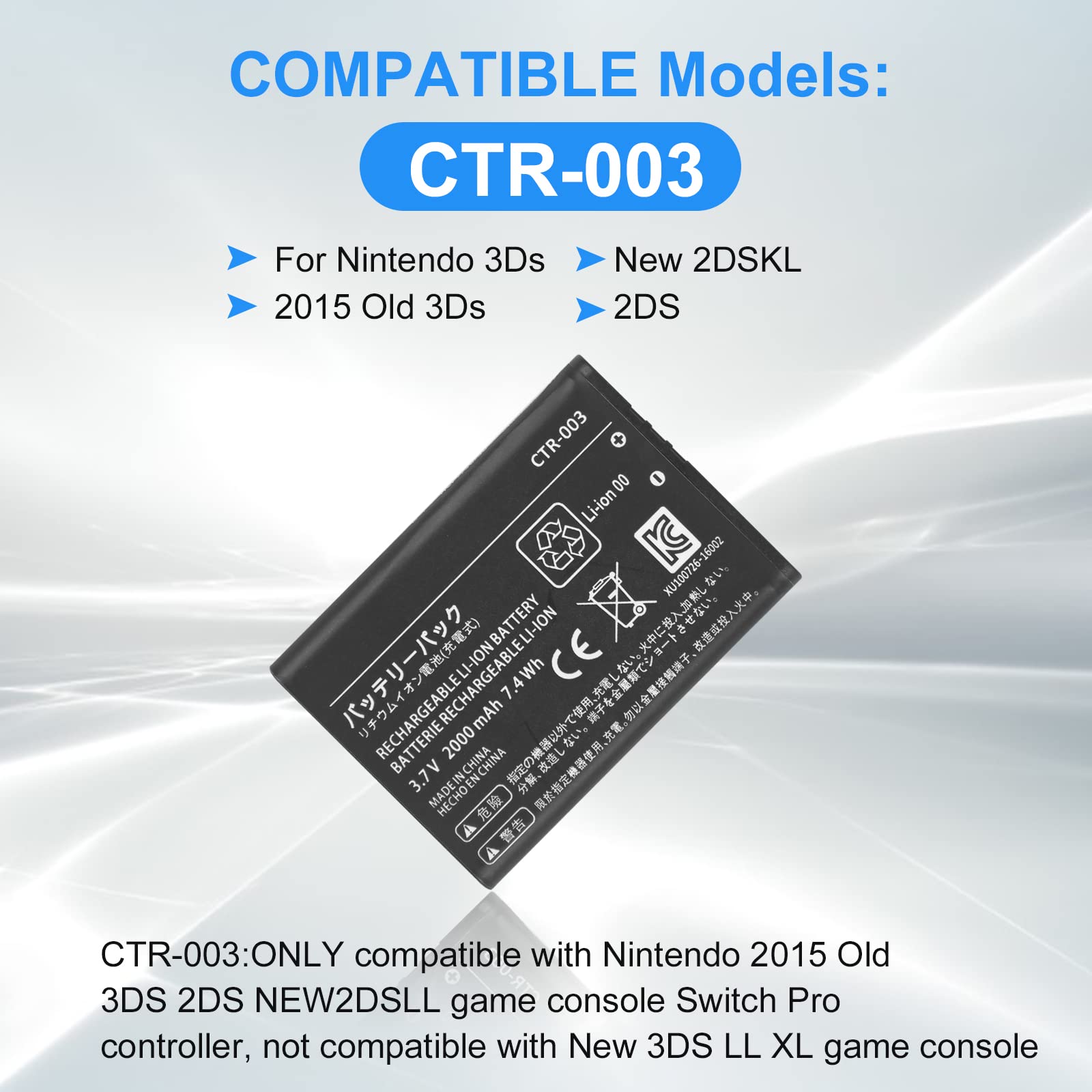 TAYUZH CTR-003 Battery for Nintendo 2DS 3DS Old 3DS New 2DS Game Console CTR-001, 2000mAh Li-ion Replacement Battery (Not Compatiable with New 3DS 3DS XL/LL) with Repair Tool