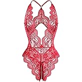 LadyIn Women's Sexy Lingerie One Piece Women Deep V Teddy Floral Lace Bodysuit Babydoll