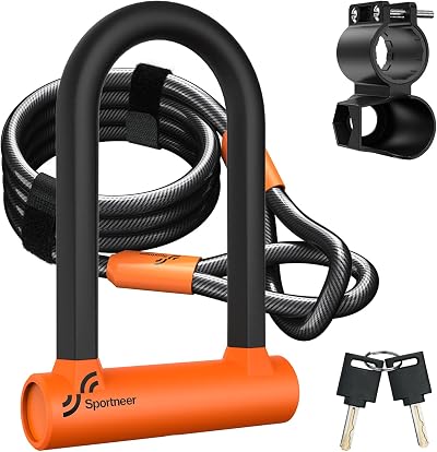 Sportneer 17mm Heavy-Duty U Lock with 5ft Steel Cable & Bracket
