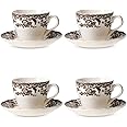 Spode Delamere Teacup and Saucer, Set of 4 | 7 Oz Fine Earthenware Teacup Set | Perfect for Serving Tea, Coffee, and Hot Cocoa | Microwave and Dishwasher Safe