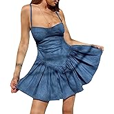 Sexyshine Women's Spaghetti Strap Tube Top Flared Denim Mini Dress A-Line Backless Ruffle Hem Pleated Skater Jeans Dresses