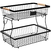 Lawhood-Mijin Fruit Basket Bowl 2 Tier Detachable with 2 Banana Hangers, Fruit Stand Holder for Kitchen Countertop, Metal Wire Vegetable Storage Organizer, for Bread Snack Veggies Produce, Black