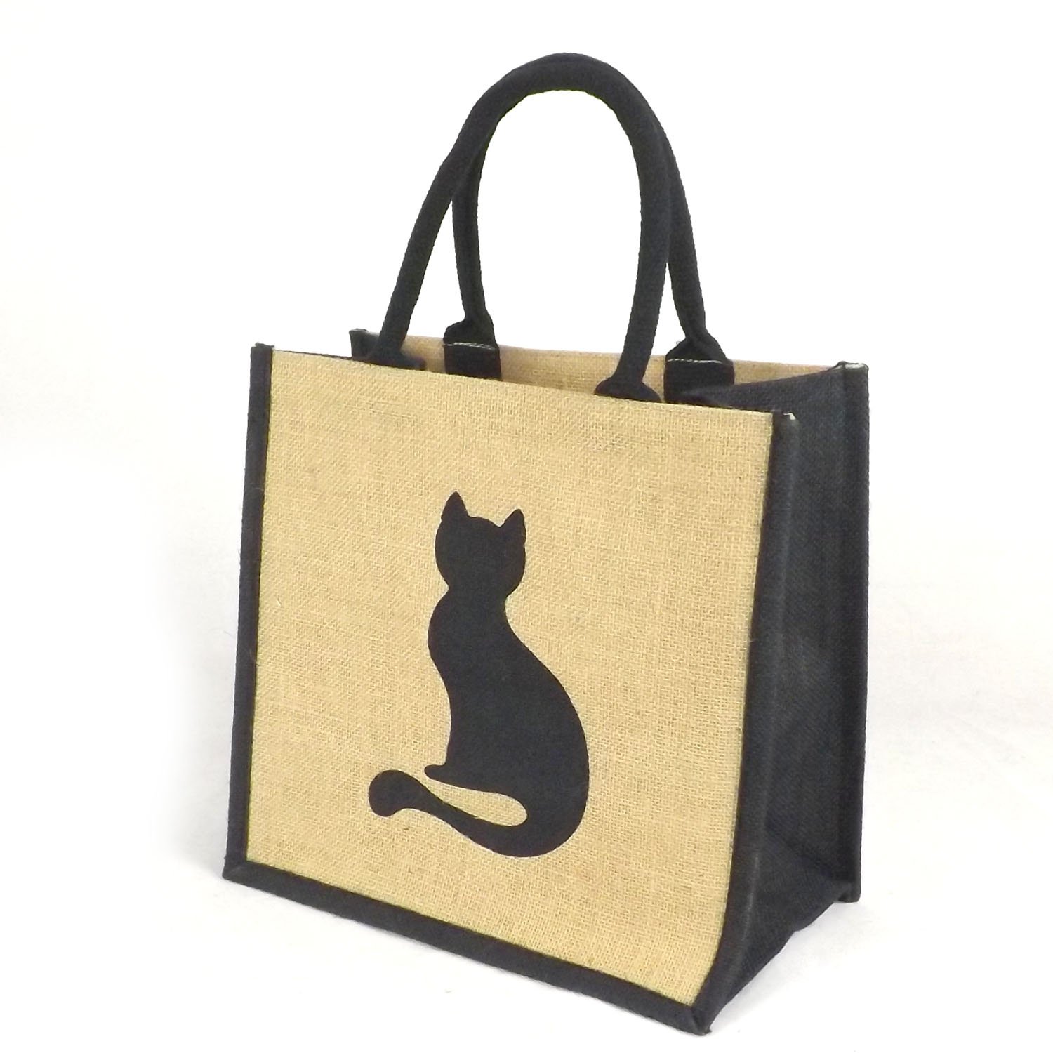Jute Hessian Medium Black Trim Bag - Printed Cat Motif - 30 cm high x 30 cm Wide x 20 cm Depth