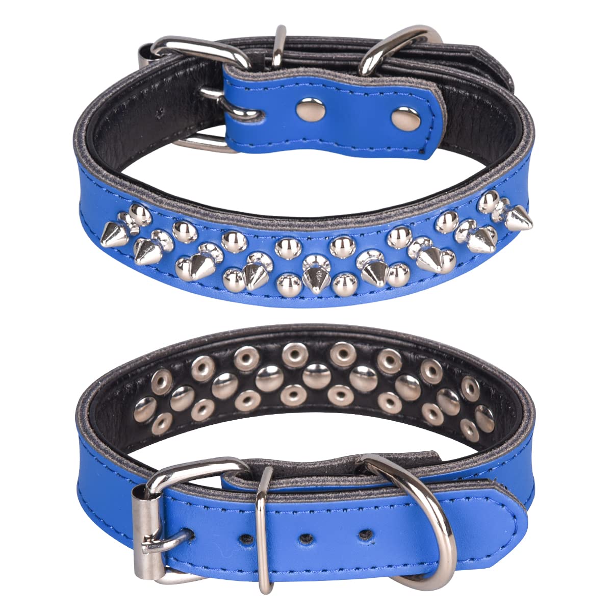 haoyueer Spiked Studded Dog Collar, Genuine Leather Dog Collar, Adjustable Pet Collars for Medium Large Bulldog Pitbull Mastiff Poodle Boxer (L, Dark Blue-2)