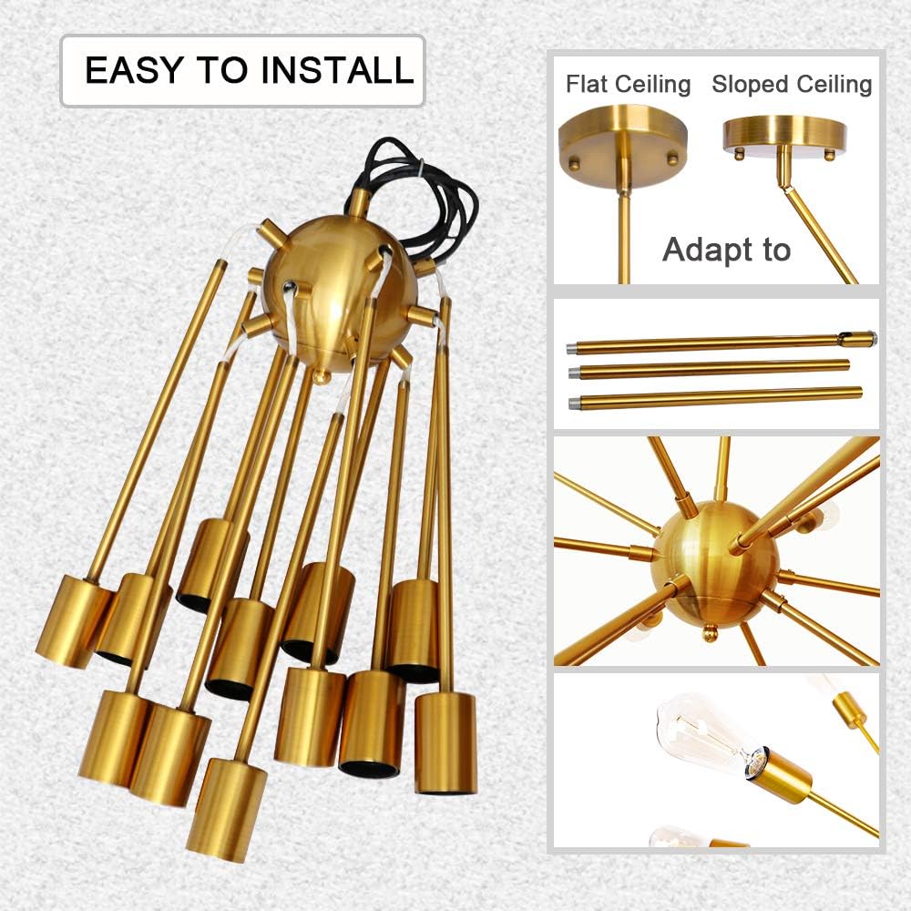 LynPon Sputnik Chandelier 12 Lights Modern Gold Brass Ceiling Light Fixture Industrial Vintage Pendant Lighting for Dining Room Kitchen Living Room Bedroom - - 