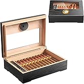 Puffaland Cigar Humidor Box Cedar Wood Black Men Desktop Case Gift for Father with Glass Top, Digital Hygrometer, Humidifier for 20-25 Cigars