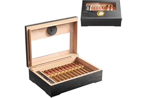 Puffaland Cigar Humidor Box Cedar Wood Black Men Desktop Case Gift for Father with Glass Top, Digital Hygrometer, Humidifier for 20-25 Cigars